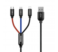 Kabelis USB2.0 A kištukas ir 3 kištukai (USB C, micro USB, lightning), skirtas skirtinų įrenginių krovimui (netinka duomenų perdavimui) juodas BASEUS